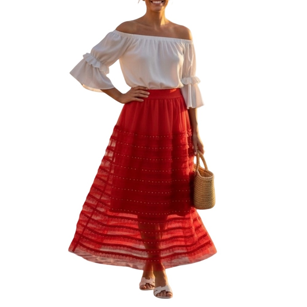 #A100   N by Nancy  Red Fringe  Whimsigoth Skirt   New No Tag  Size L